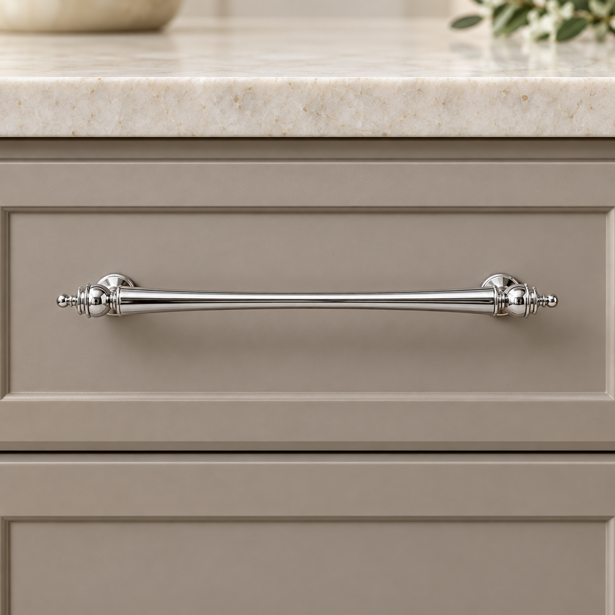 Turned Spindle Cabinet Pull & Knob — Chrome Silver — chrome-spindle-installed