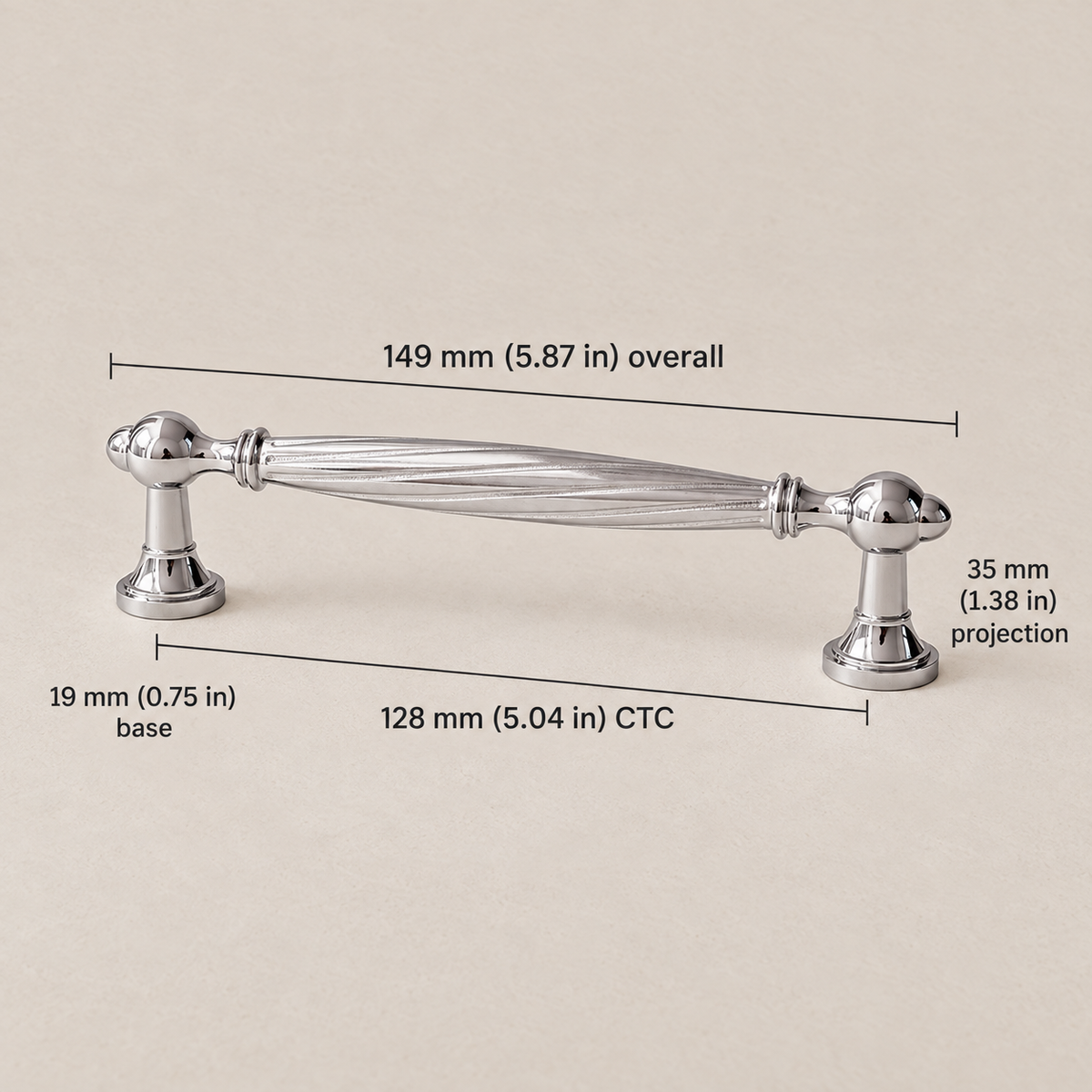 Chrome spiral cabinet pull, 128 mm (5.04 in) CTC and 149 mm overall