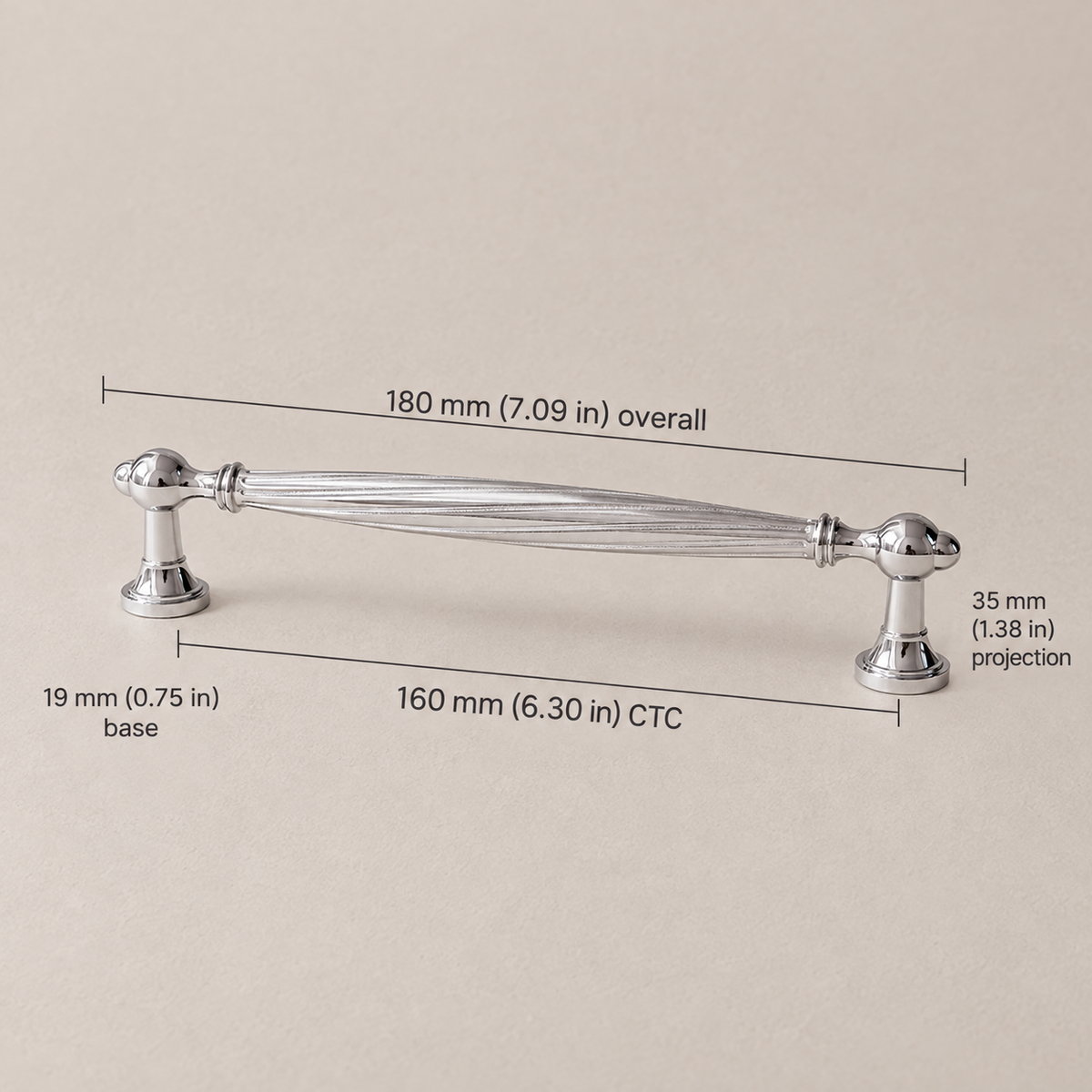 Chrome spiral cabinet pull, 160 mm (6.30 in) CTC and 180 mm overall