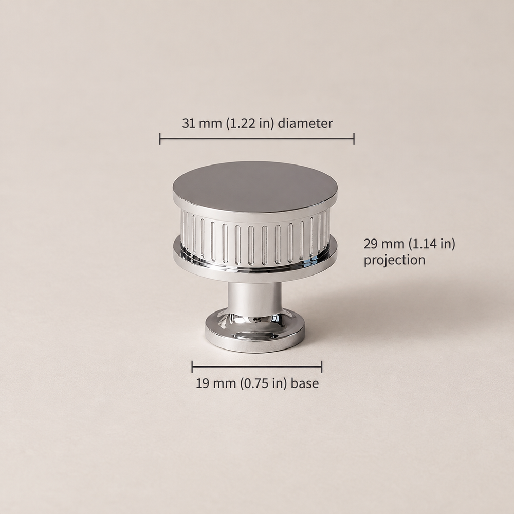 Chrome ribbed cabinet knob, 31 mm diameter and 29 mm projection, dimensions in mm and inches
