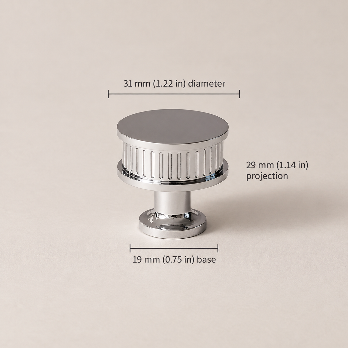 Chrome ribbed cabinet knob, 31 mm diameter and 29 mm projection, dimensions in mm and inches