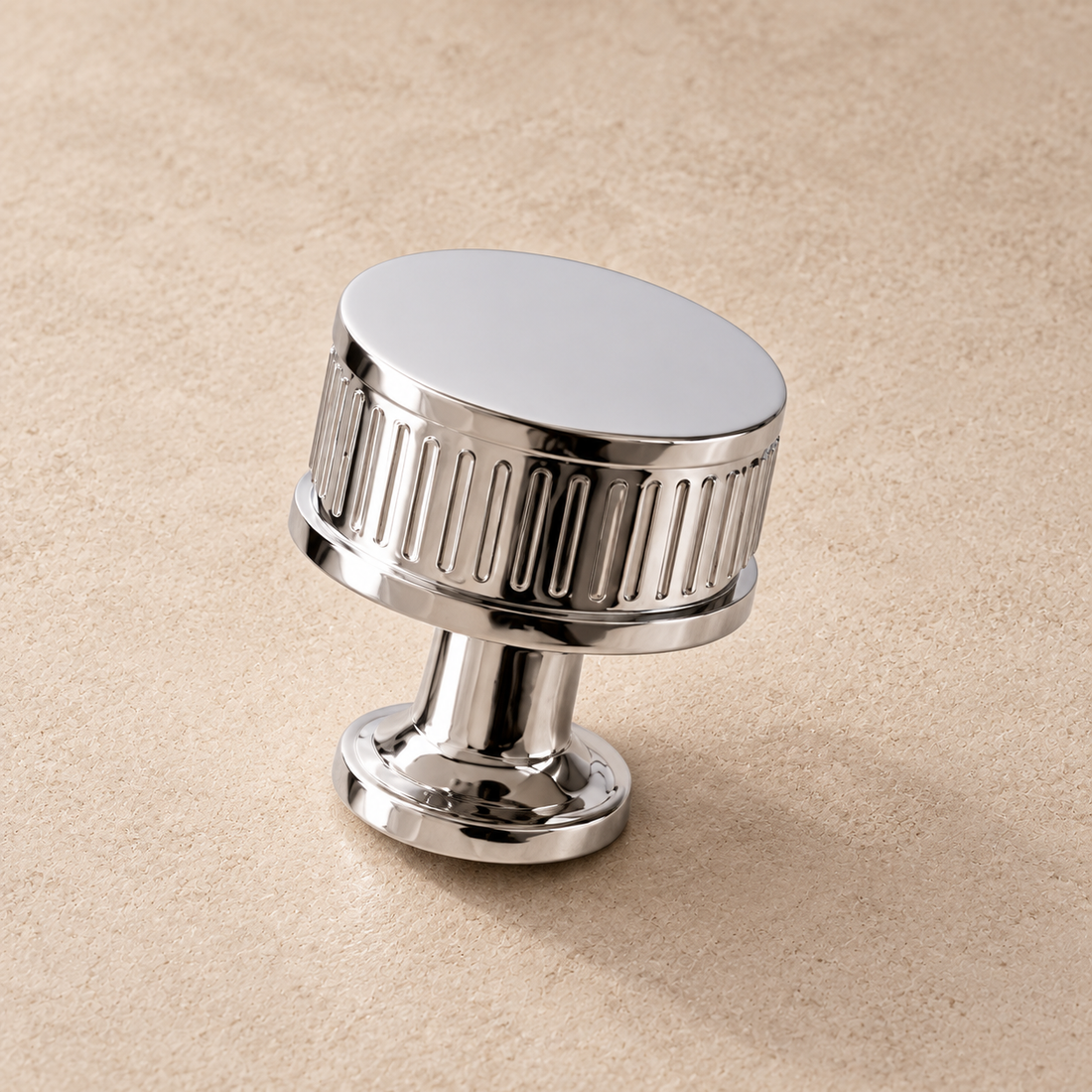 Chrome Brass Spiral Ribbed Cabinet Pull & Knob — American Style on a neutral stone studio background