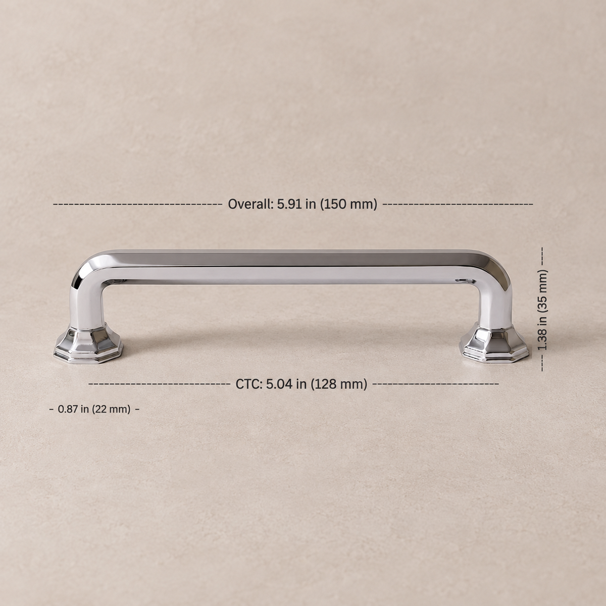 Chrome cabinet pull, 128 mm center-to-center, dimensions in inches and millimeters