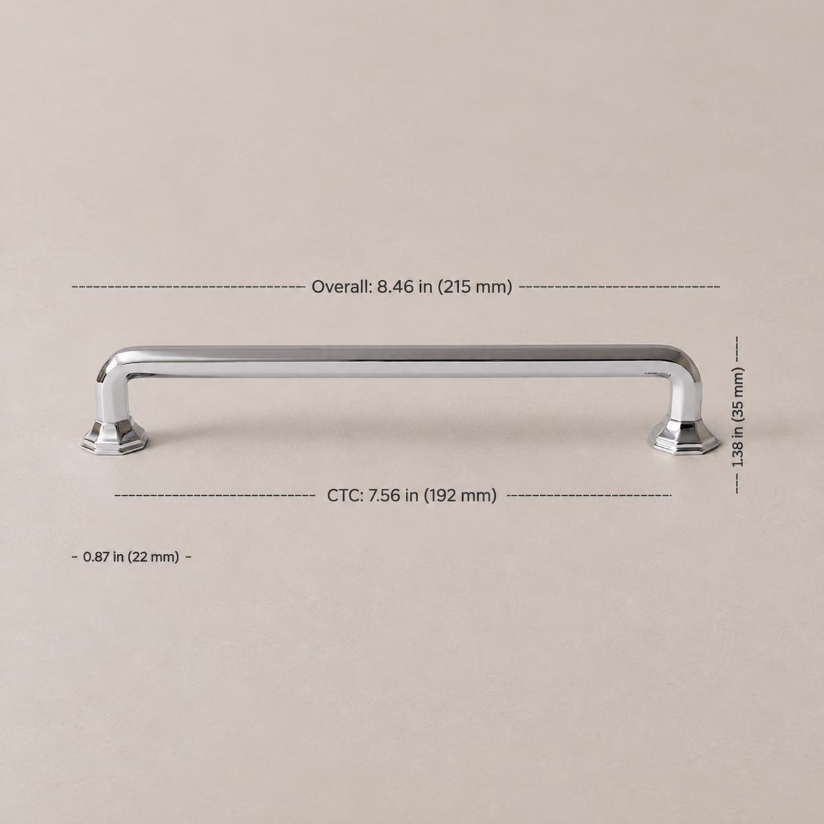 Chrome cabinet pull, 192 mm center-to-center, dimensions in inches and millimeters