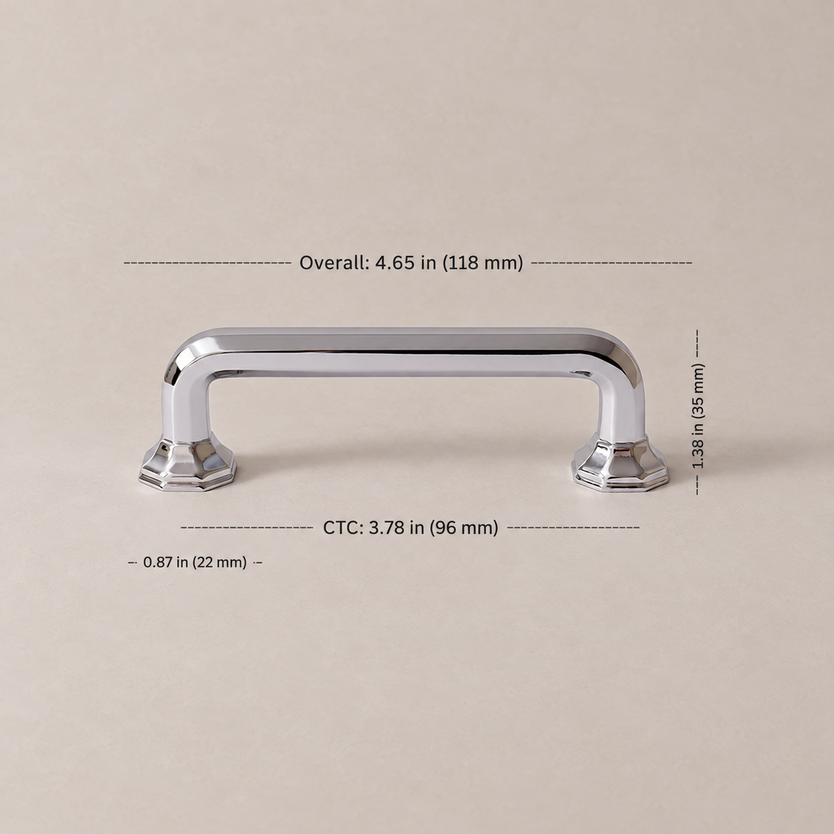 Chrome cabinet pull, 96 mm center-to-center, dimensions in inches and millimeters