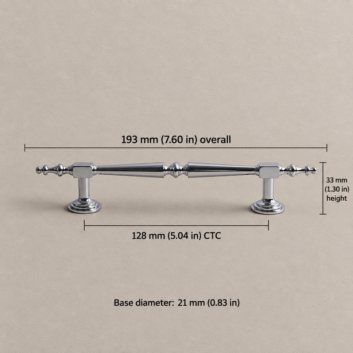 128mm chrome cabinet hardware with dimensions in millimeters and inches