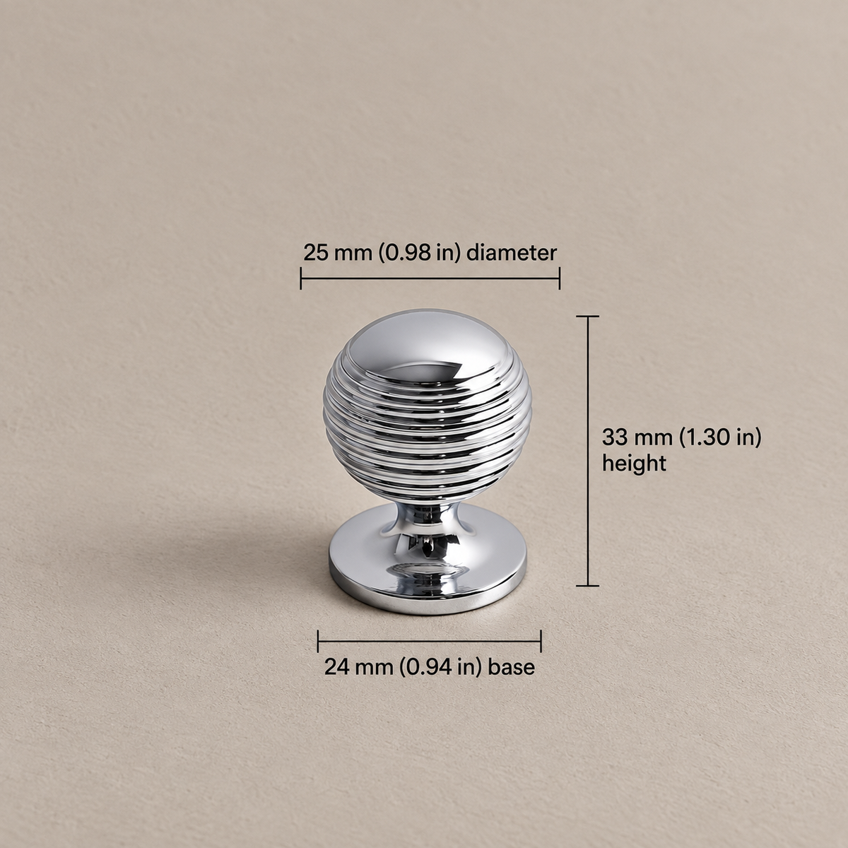 25mm-knob chrome cabinet hardware with dimensions in millimeters and inches