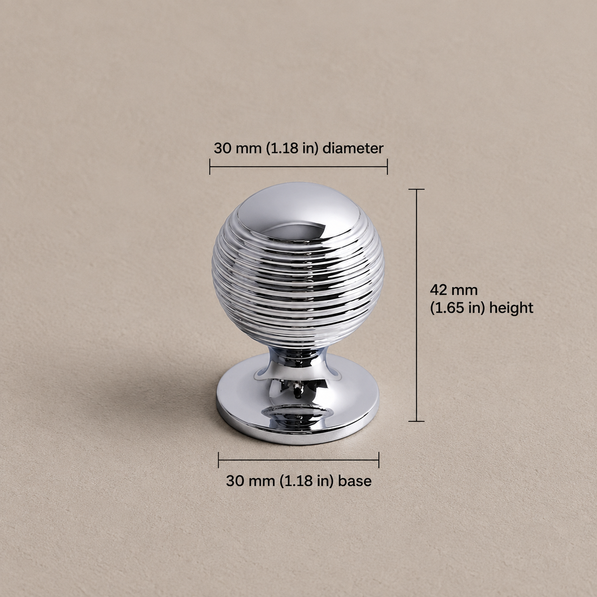 30mm-knob chrome cabinet hardware with dimensions in millimeters and inches