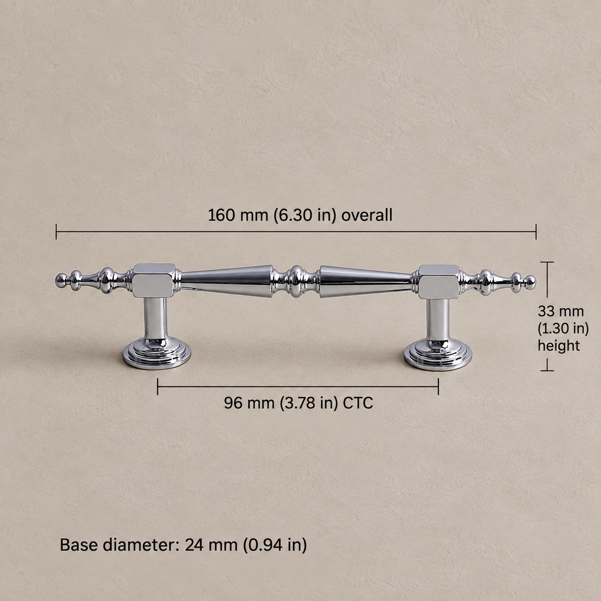 96mm chrome cabinet hardware with dimensions in millimeters and inches