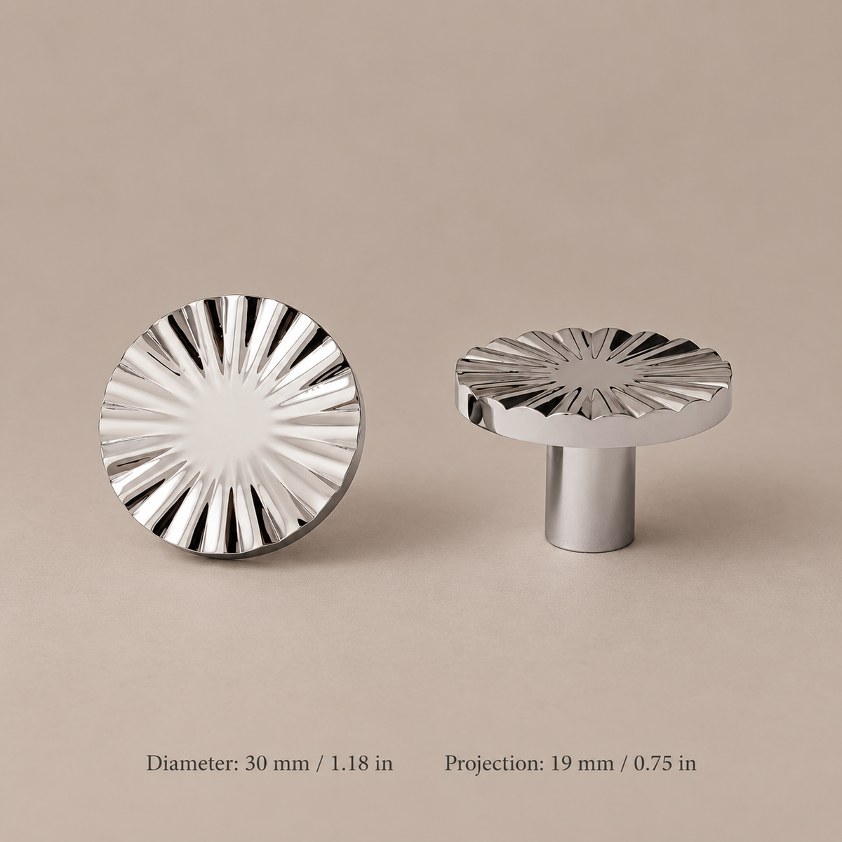 Chrome sunburst cabinet knob, 30 mm diameter, with front and side views and metric and inch measurements