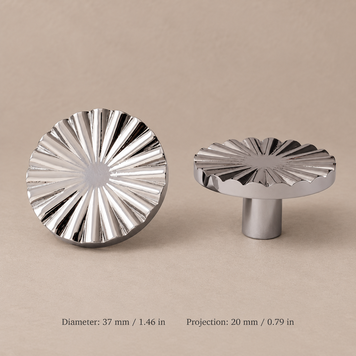 Chrome sunburst cabinet knob, 37 mm diameter, with front and side views and metric and inch measurements