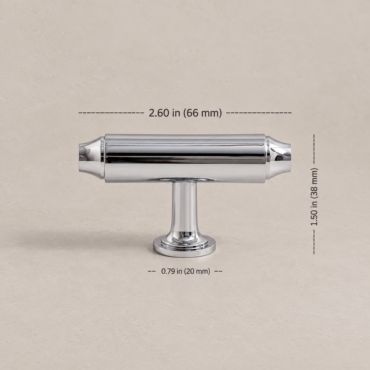 Chrome 66 mm T-bar knob with inch and millimeter dimensions