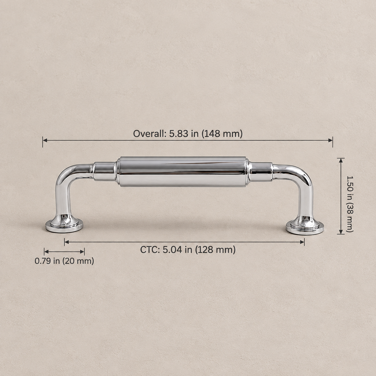 Chrome T-bar pull, 128 mm center-to-center, with inch and millimeter dimensions