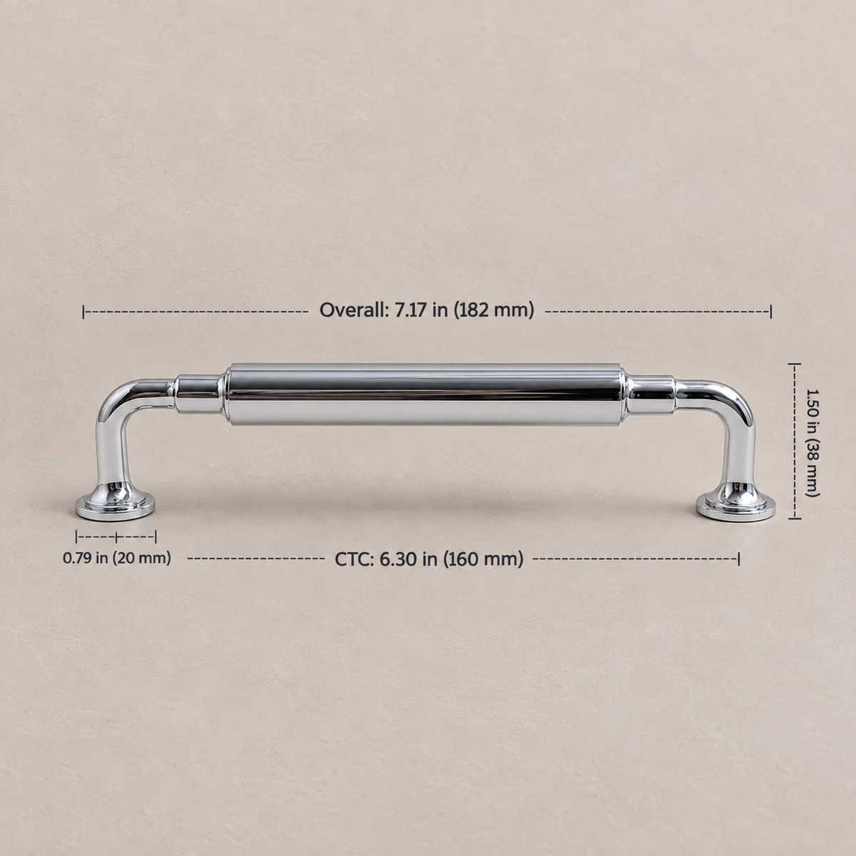 Chrome T-bar pull, 160 mm center-to-center, with inch and millimeter dimensions