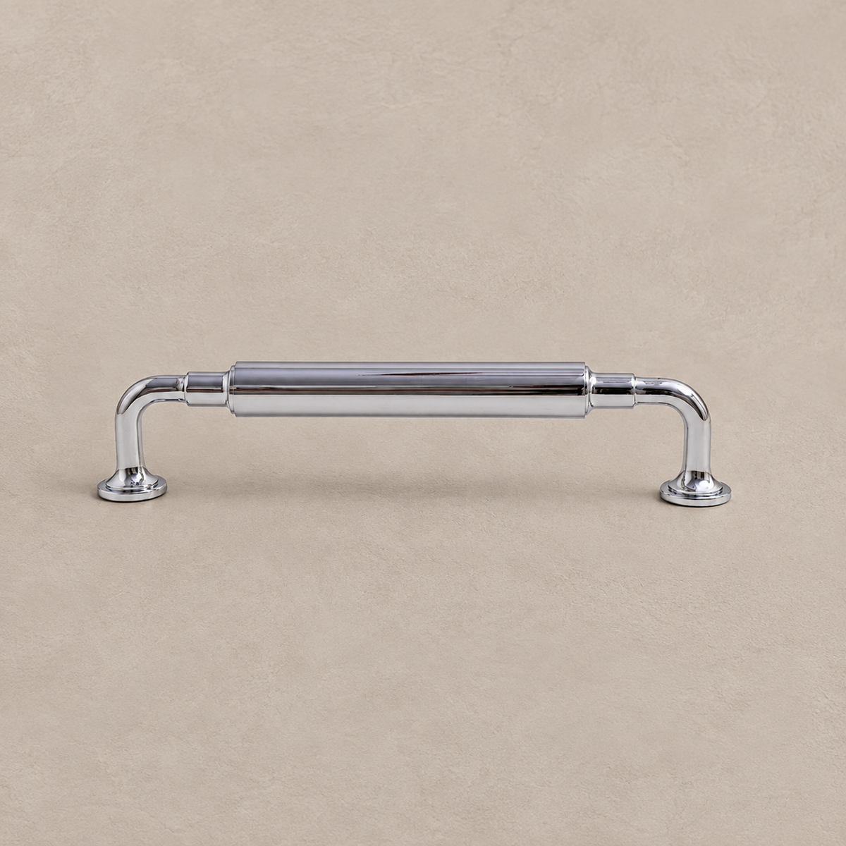Chrome T-bar cabinet pull with round mounting feet