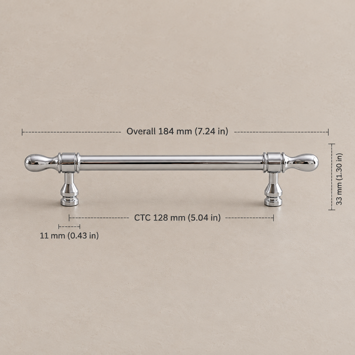 Chrome teardrop cabinet pull with 128 mm CTC measurements