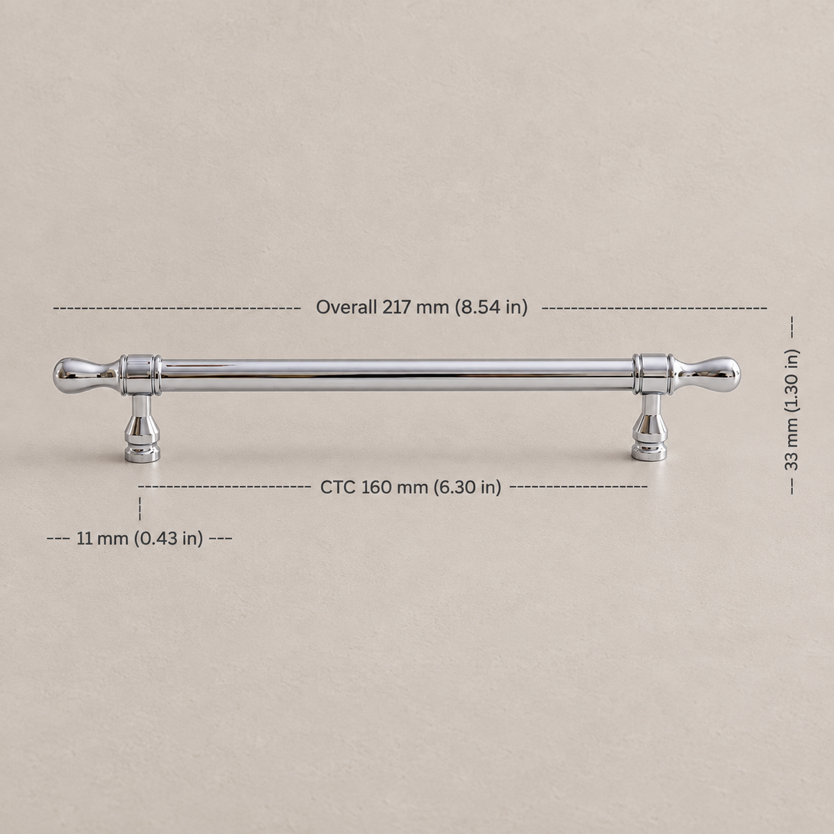 Chrome teardrop cabinet pull with 160 mm CTC measurements