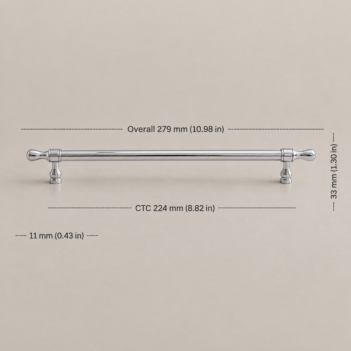 Chrome teardrop cabinet pull with 224 mm CTC measurements