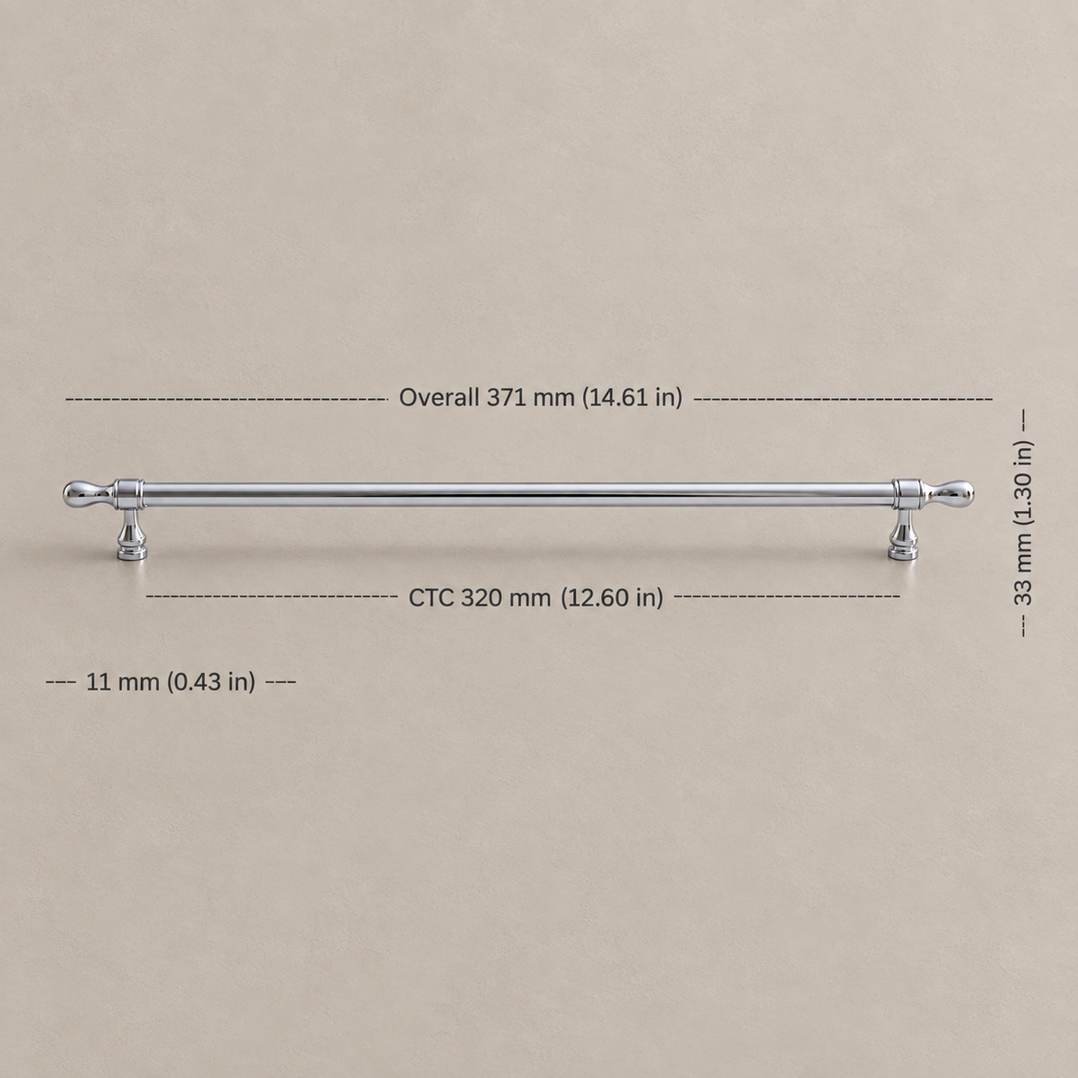 Chrome teardrop cabinet pull with 320 mm CTC measurements
