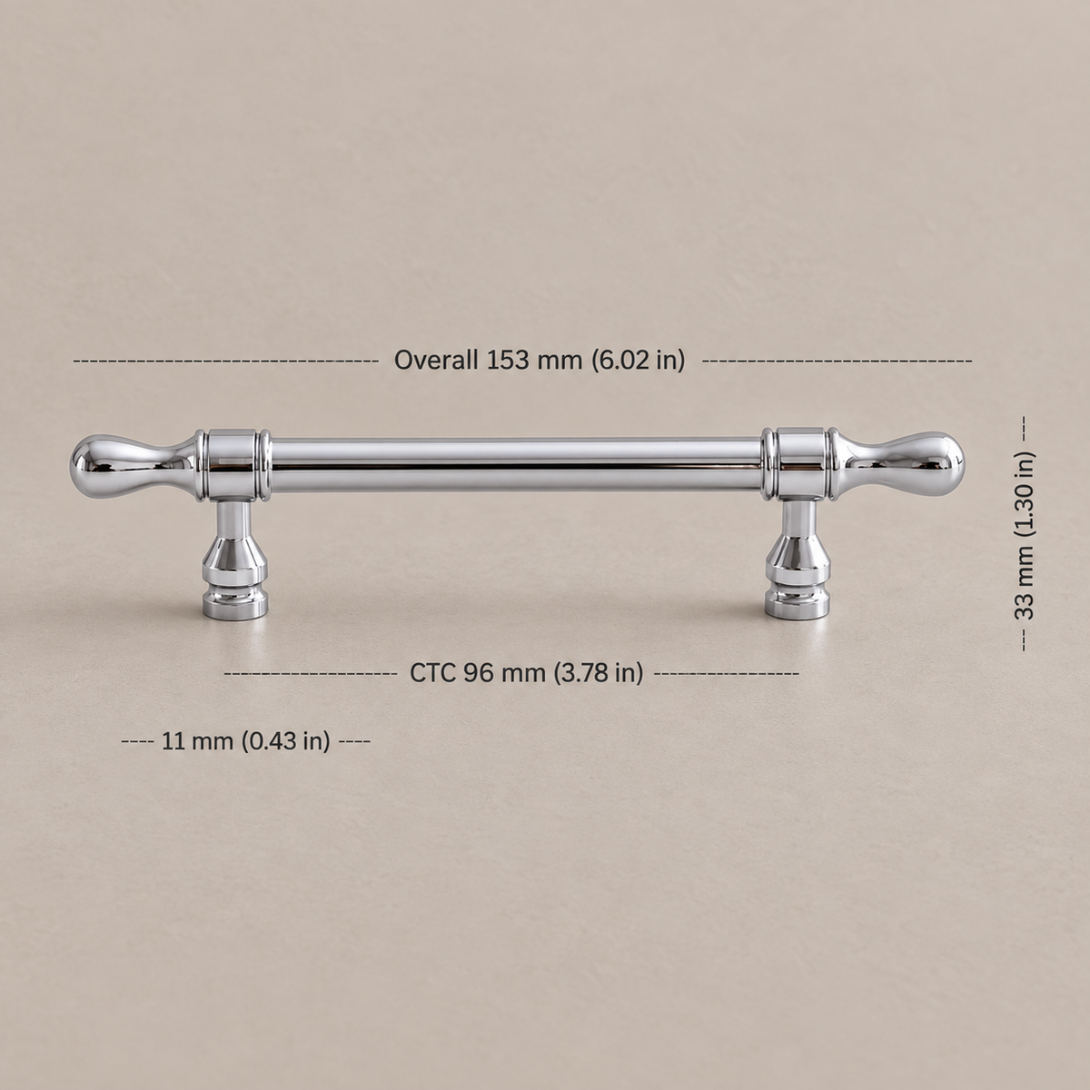 Chrome teardrop cabinet pull with 96 mm CTC measurements
