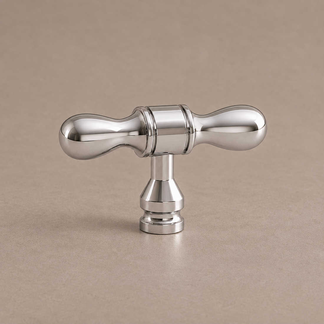 Solid Brass Teardrop Cabinet Pull & T-Knob — Bright Chrome Finish on a deep olive studio background