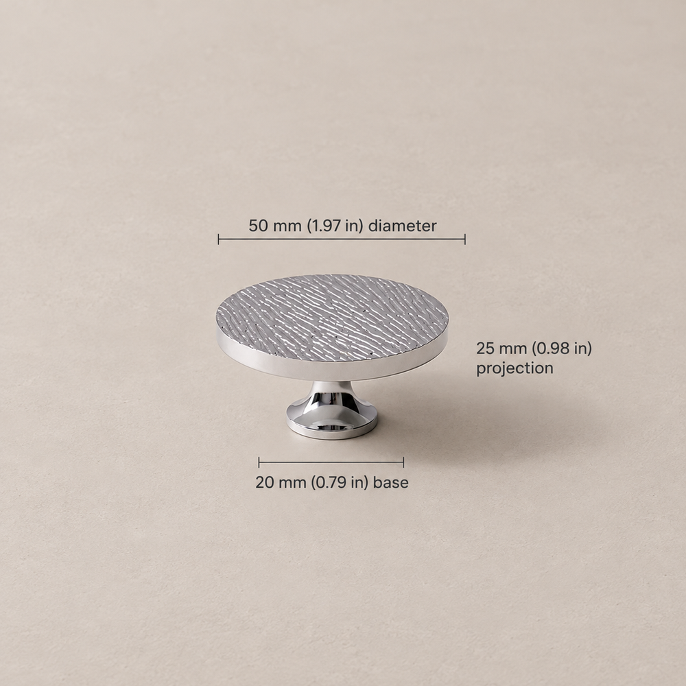 Textured chrome round knob, 50 mm diameter, 25 mm projection, mm and inch measurements