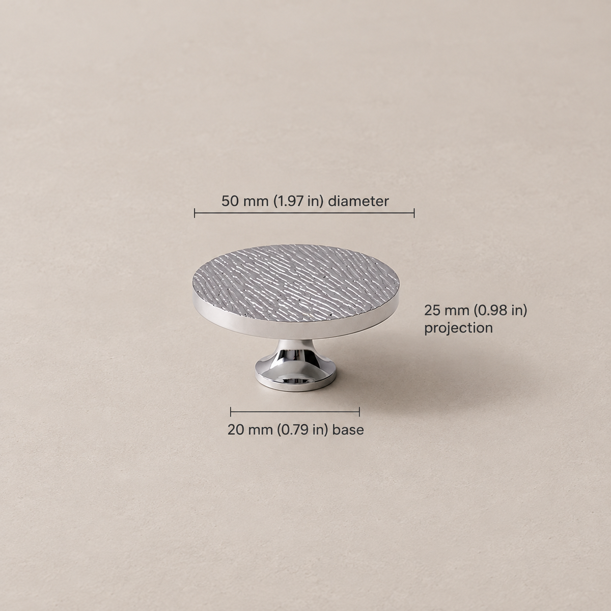 Textured chrome round knob, 50 mm diameter, 25 mm projection, mm and inch measurements