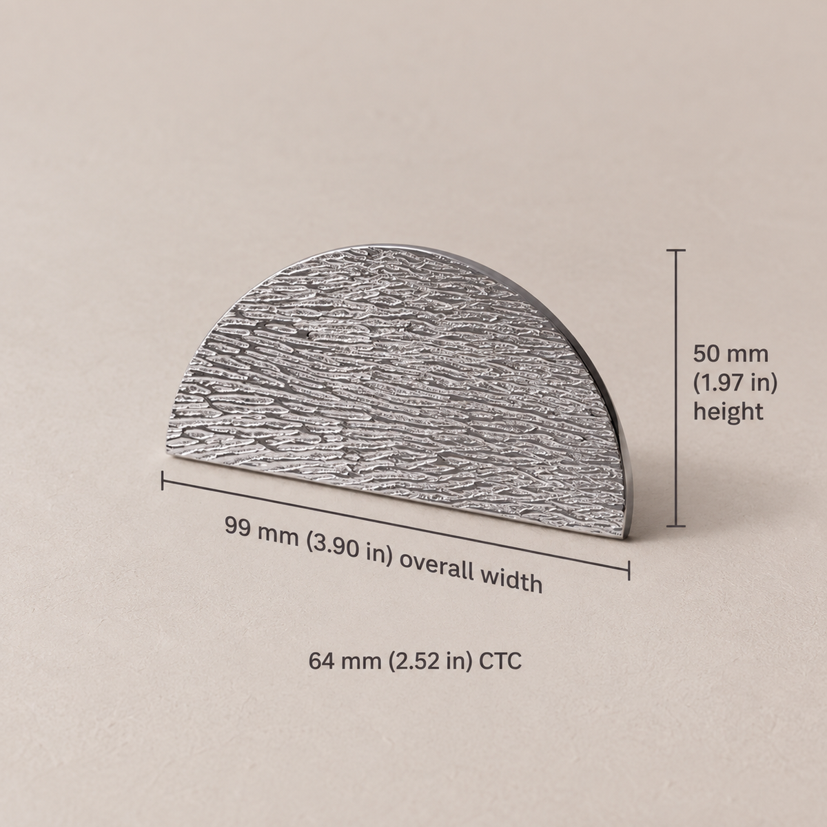 Textured chrome semicircular pull, 64 mm (2.52 in) CTC, 99 mm overall width