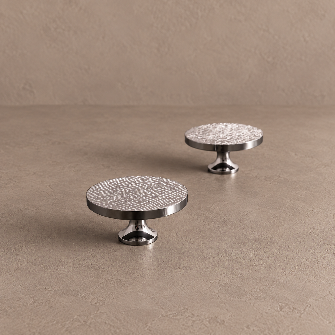 Solid Chrome Brass Cabinet Pull & Round Knob — Luxury Design on a neutral stone studio background