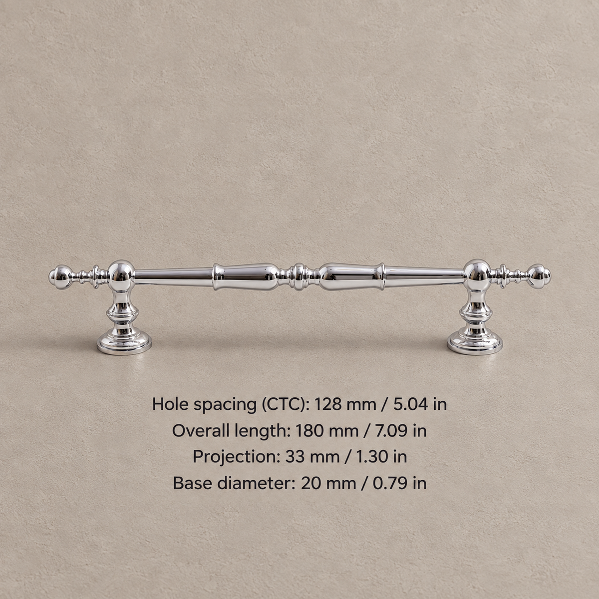 Chrome spindle cabinet pull with 128 mm mounting hole spacing and inch measurements