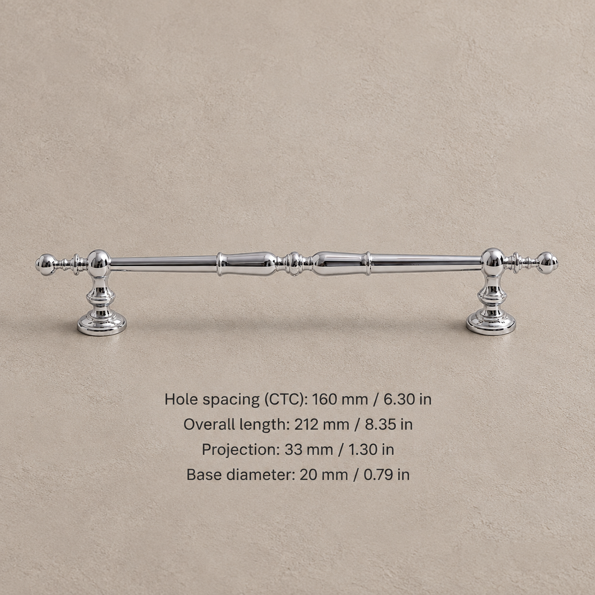 Chrome spindle cabinet pull with 160 mm mounting hole spacing and inch measurements