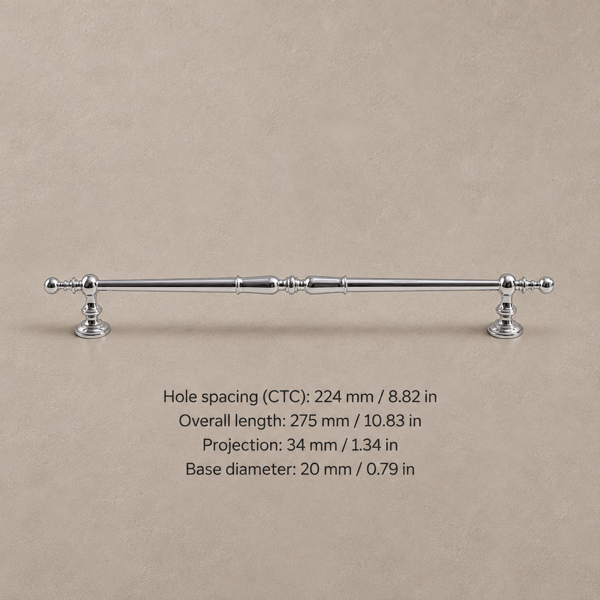 Chrome spindle cabinet pull with 224 mm mounting hole spacing and inch measurements
