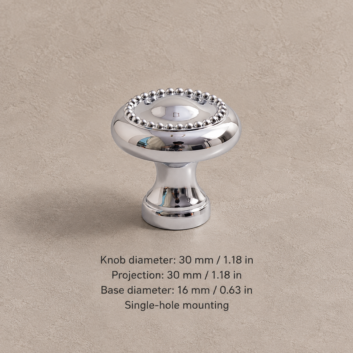 Chrome cabinet knob with 30 mm diameter and inch measurements