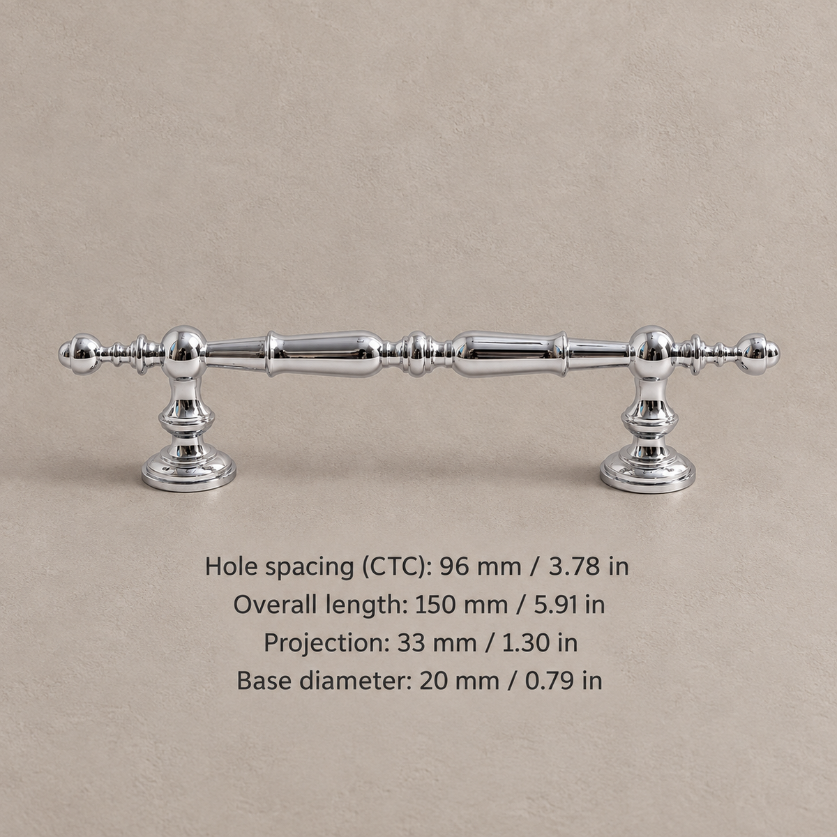 Chrome spindle cabinet pull with 96 mm mounting hole spacing and inch measurements