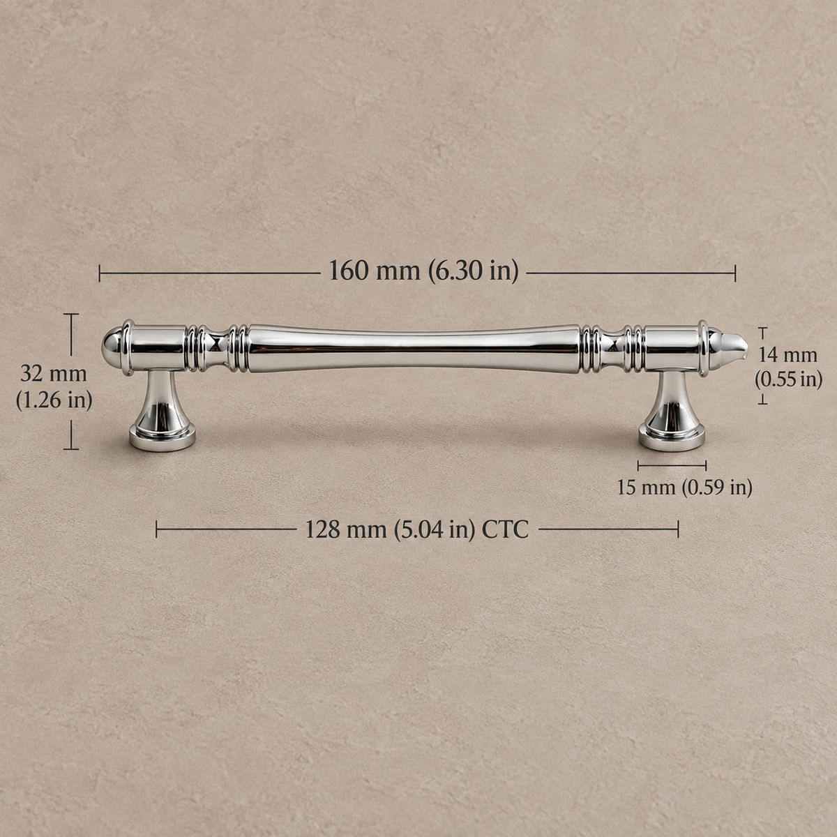 Chrome turned cabinet 128mm on warm taupe background, dimensions in millimeters and inches