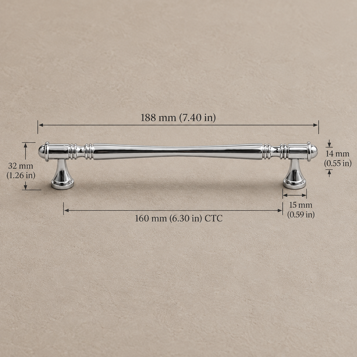 Chrome turned cabinet 160mm on warm taupe background, dimensions in millimeters and inches