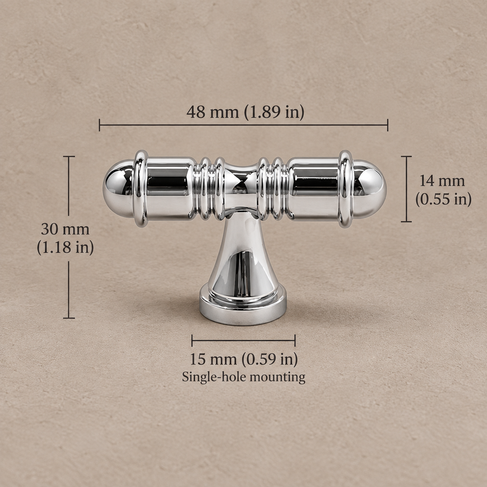 Chrome turned cabinet 48mm t knob on warm taupe background, dimensions in millimeters and inches