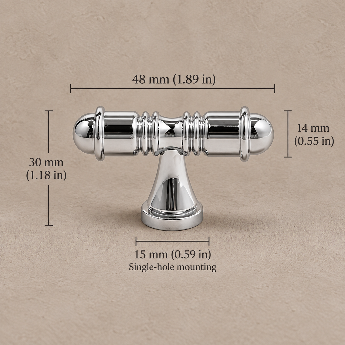 Chrome turned cabinet 48mm t knob on warm taupe background, dimensions in millimeters and inches