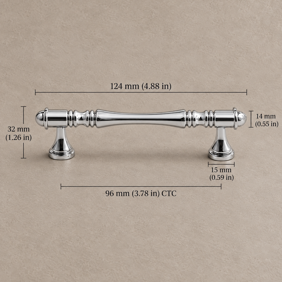 Chrome turned cabinet 96mm on warm taupe background, dimensions in millimeters and inches
