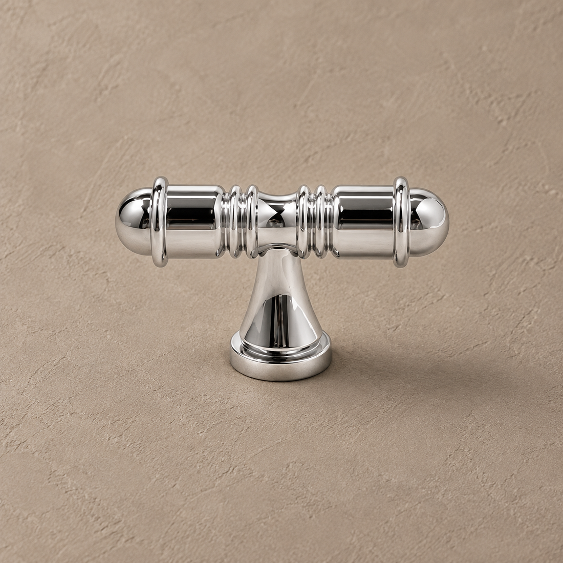 Chrome Brass Cabinet Pull & Knob — Modern Solid Brass Hardware on a deep olive studio background