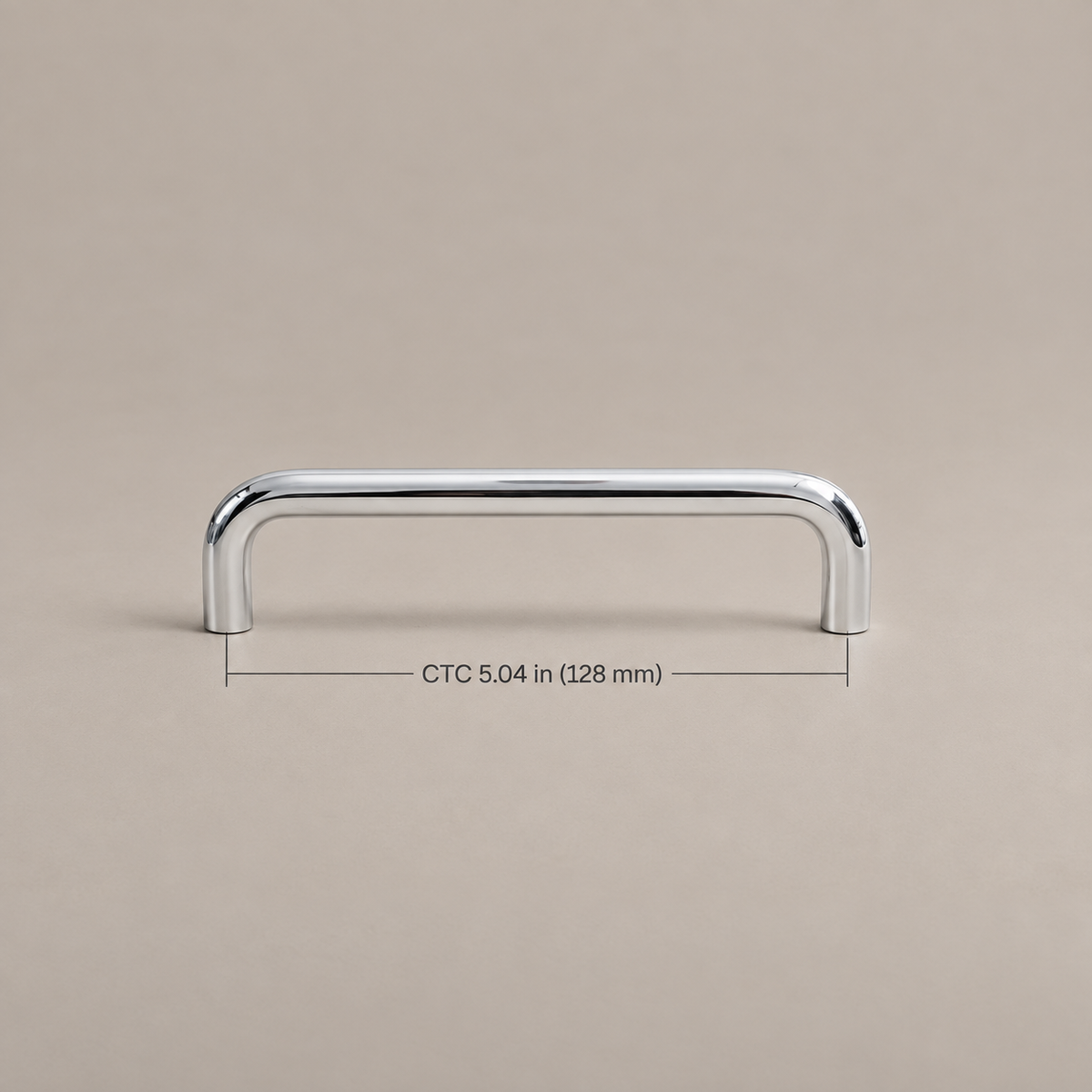 Chrome U-shaped cabinet hardware — 128mm, dimensions in inches and millimeters