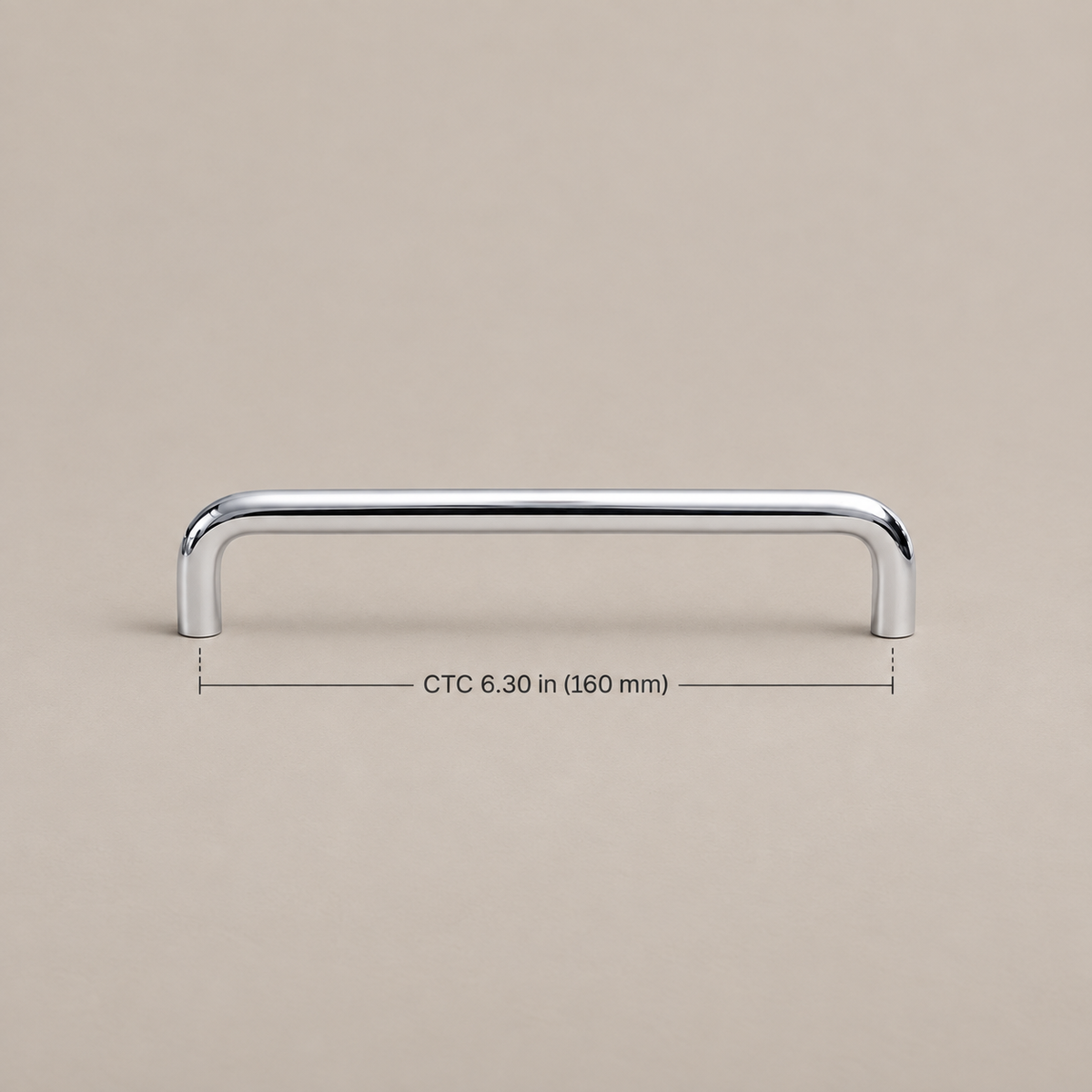 Chrome U-shaped cabinet hardware — 160mm, dimensions in inches and millimeters