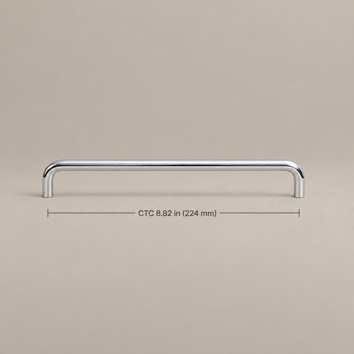 Chrome U-shaped cabinet hardware — 224mm, dimensions in inches and millimeters