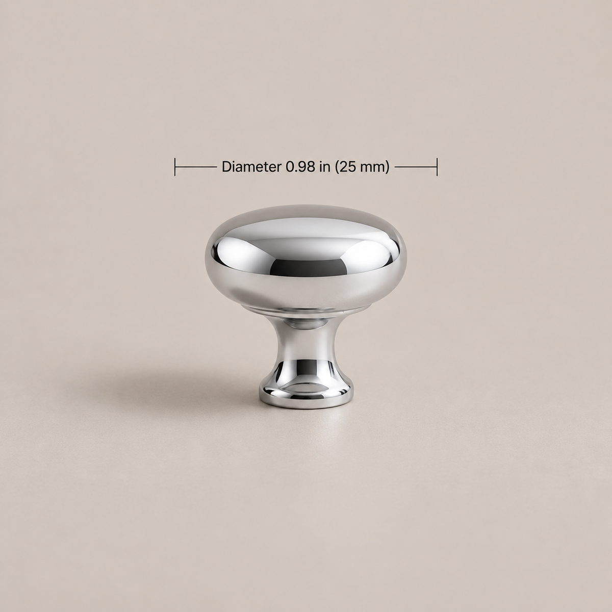 Chrome U-shaped cabinet hardware — 25mm knob, dimensions in inches and millimeters