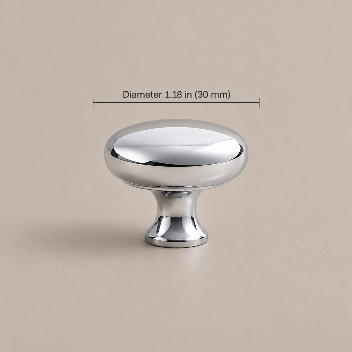 Chrome U-shaped cabinet hardware — 30mm knob, dimensions in inches and millimeters