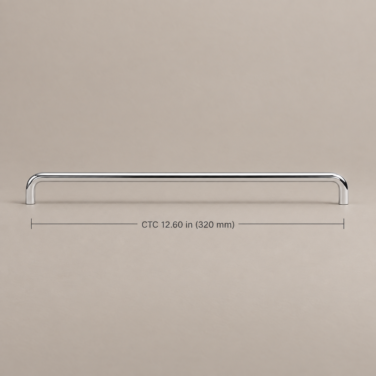 Chrome U-shaped cabinet hardware — 320mm, dimensions in inches and millimeters