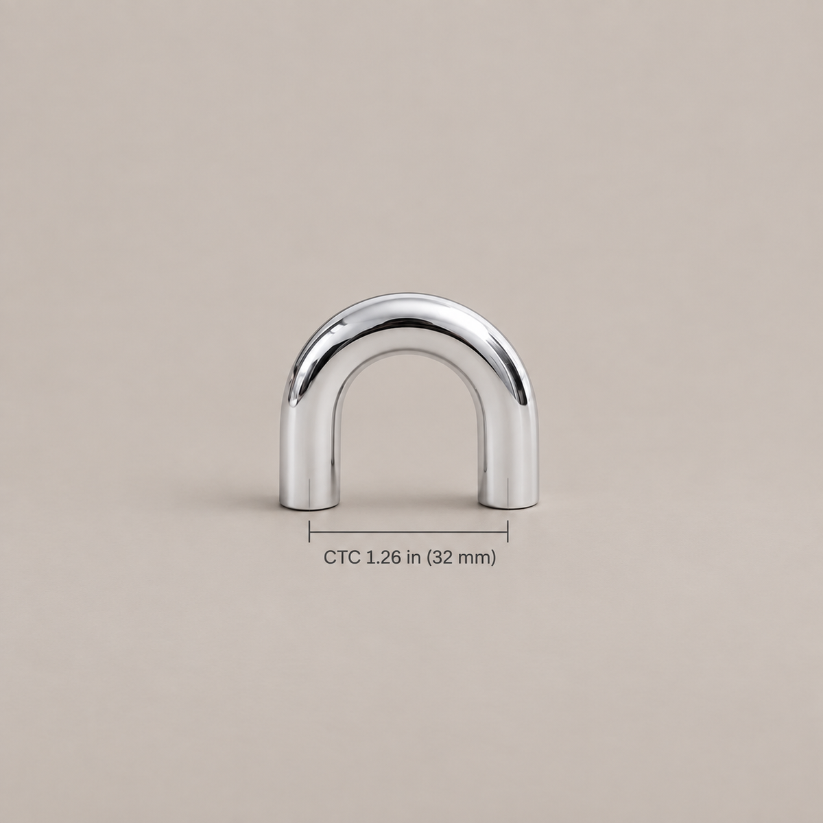 Chrome U-shaped cabinet hardware — 32mm, dimensions in inches and millimeters