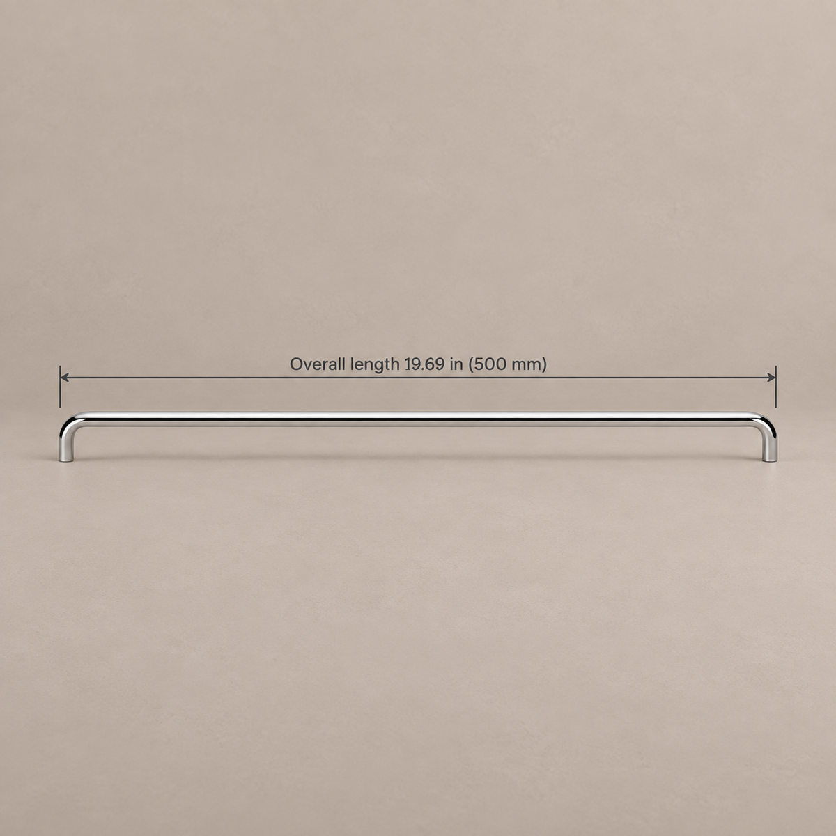 Chrome U-shaped cabinet hardware — 500mm, dimensions in inches and millimeters