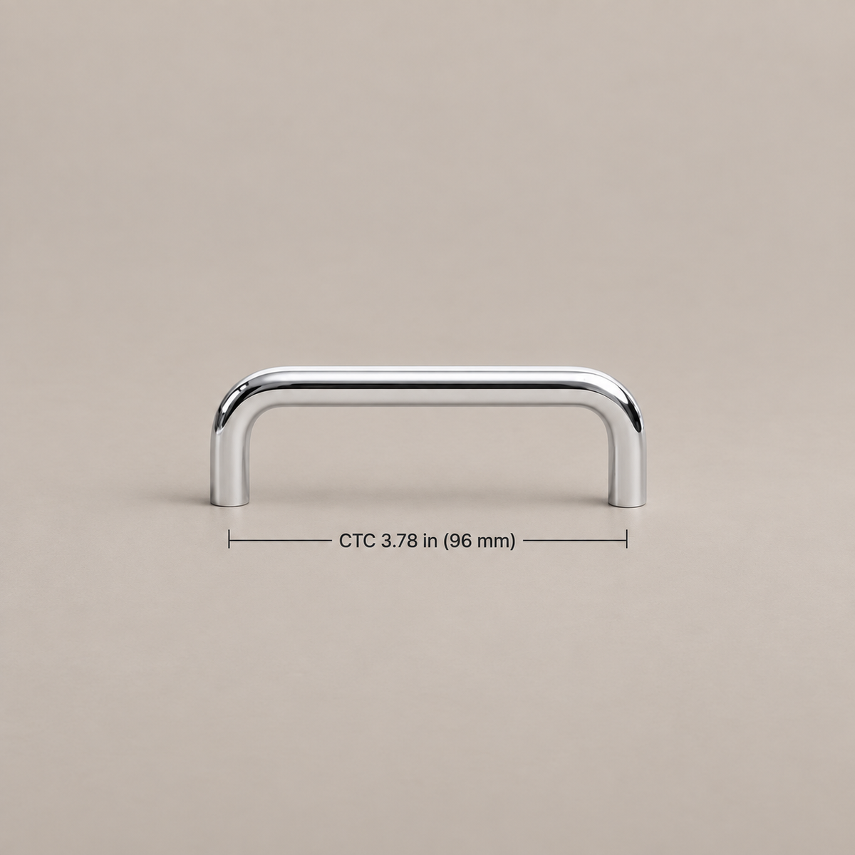 Chrome U-shaped cabinet hardware — 96mm, dimensions in inches and millimeters