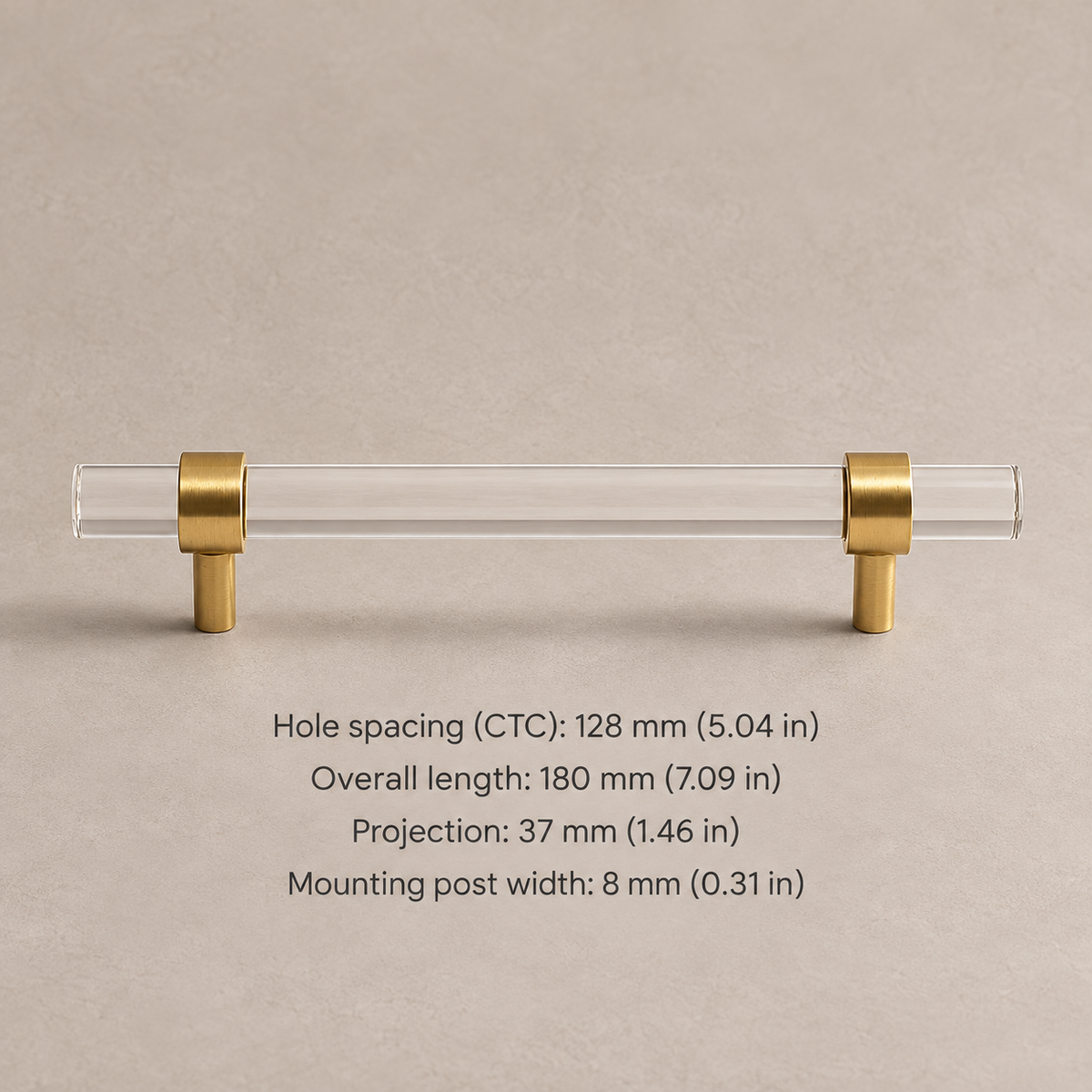 Clear acrylic cabinet hardware — brass 128mm pull — dimensions in millimetres and inches